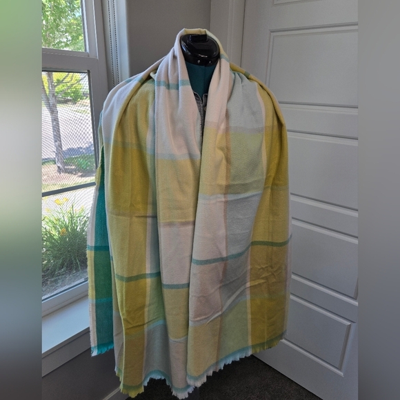 NWT BANANA REPUBLIC OVERSIZE BLANKET SCARF SHAWL WRAP CITRON BLUE PLAID WOMEN OS - Picture 6 of 15